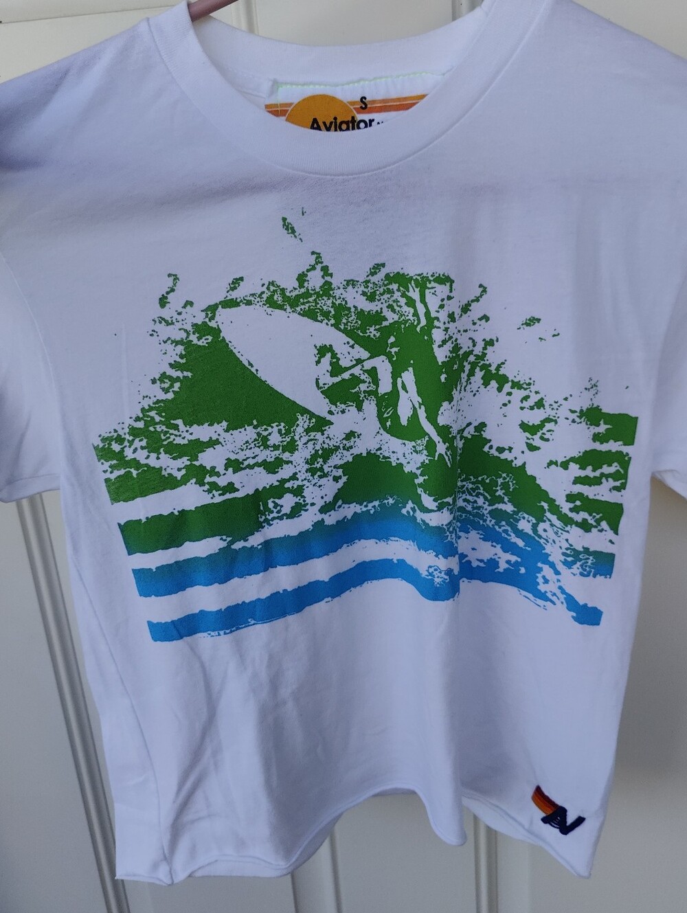 Aviator Nation Surfing Boyfriend Tee Cropped Raw Hem T-Shirt USA Sz S